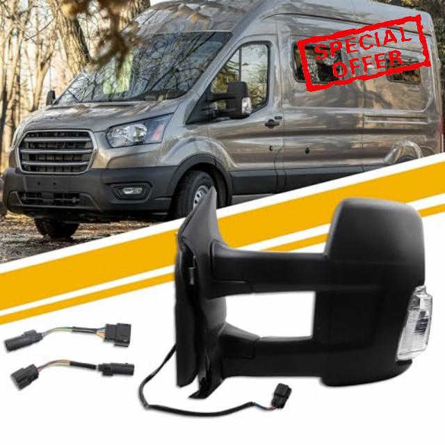 Dasbecan Left Side Mirror Compatible with 2015-Onward Ford Transit 150 250 350 Power Heated Mirror/Amber Turn Light/Manual Folding/Convex Mirror with Long Arm(6pins)