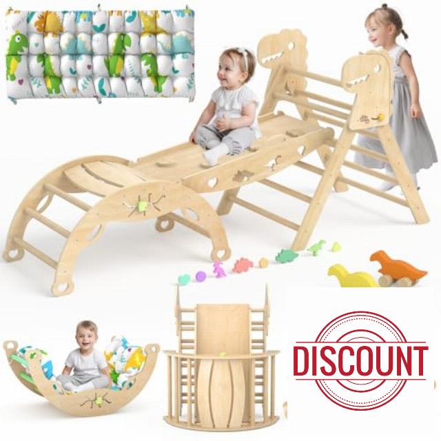 Pikler Triangle Set with Cushion 9 in 1 Large Climbing Toys for Toddlers 1-7 Indoor Baby Climbing Gym Montessori Toys Wooden Climbing Toys with Maze Toys