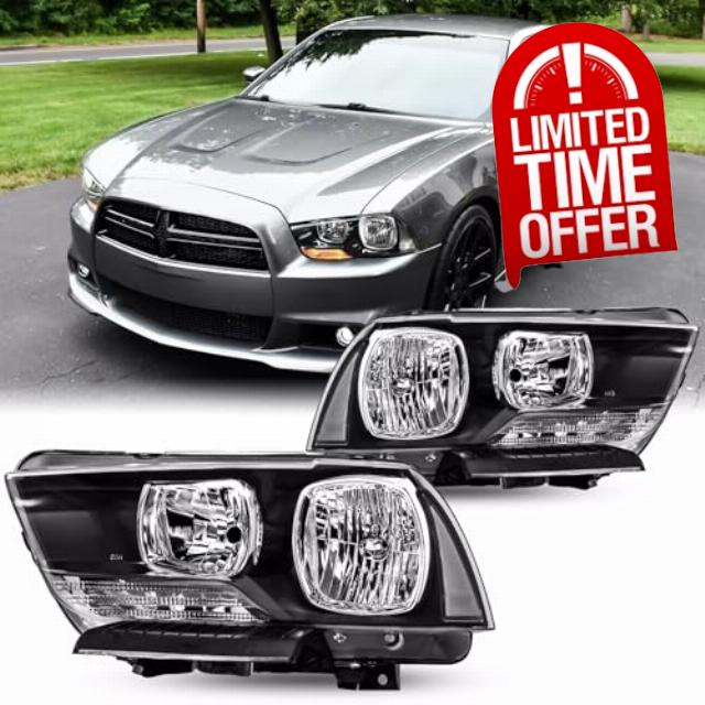 OE Style Headlight Assembly Fits for 2011 2012 2013 2014 Dodge Charger R/T SE SRT8 SXT Plus Persuit Sedan Replacement Headlamp Black Housing Clear Reflector Driver and Passenger Side