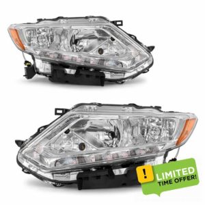 Headlight Assembly for 2014 2015 2016 Nissan Rogue Clear Lens Chrome Housing with Amber Reflector Headlamp Replacement Driver and Passenger Side Pair