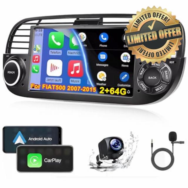 for Fiat 500 Stereo 2007-2015 Car Stereo with CarPlay & Android Auto 7 Inch IPS 2+64G with Mic Backup Camera GPS/WiFi/FM/USB/Mirror Link