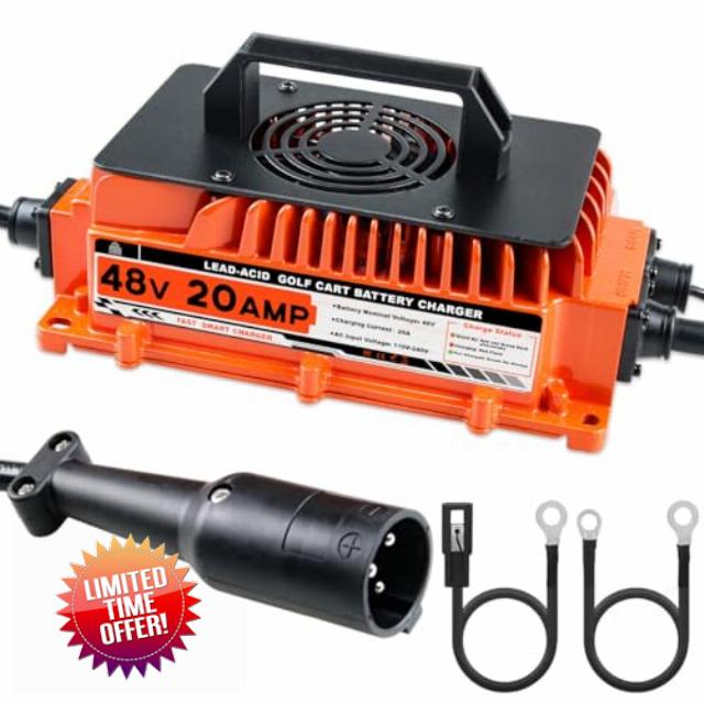 48 Volt Golf Cart Battery Charger for Club Car 48V 20 AMP Golf Cart Charger with 3-Pin Round Plug 1250W Lead-Acid Battery Charger