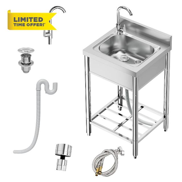 21''x20''x37'' Free Standing Stainless Steel Kitchen Sink with 360° Rotating Faucet