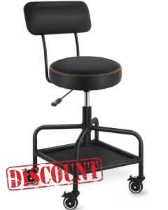 Shop Stool with Lockable Rubber Wheels Adjustable Backrest Tool Tray Storage 400 lb Capacity Rolling Garage Stool (Black)