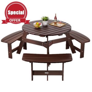 6 Person Outdoor Wooden Picnic Table w/ 3 Built-in Benches for Patio