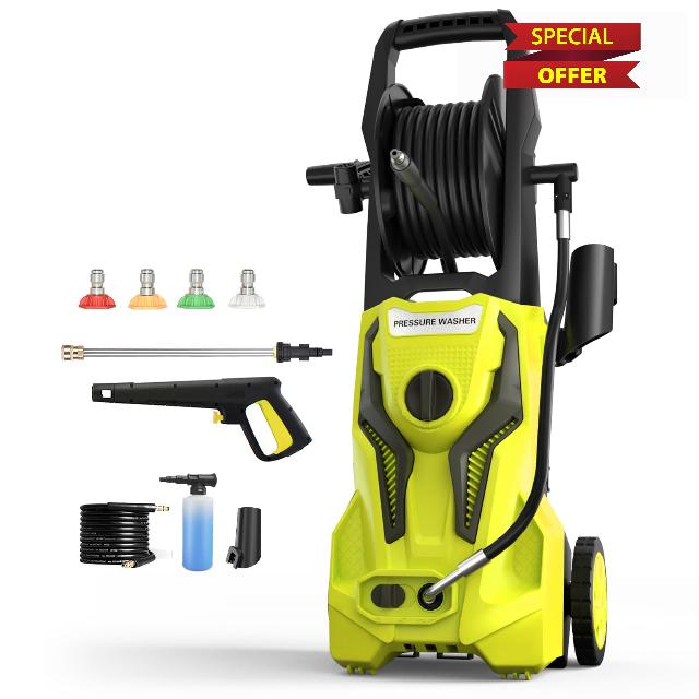 Electric Pressure Washer - 4800 PSI 3.2 GPM Power Washer Electric Powered with 25 FT Hose Reel 4 Interchangeable Nozzle & Foam Cannon