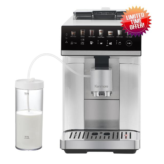 Koolatron Kenmore Fully Automatic Espresso Coffee Maker Machine Milk Frother & Grinder Dual Cream System Full Color Touchscreen One-Touch Cappuccino Latte Macchiato15 Bar Super Automatic White