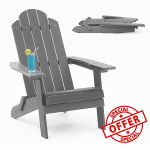 MXIMU Adirondack Chair: Folding Adirondack Chairs Fire Pit Chairs Plastic Outdoor Chairs for Lawn Backyard Deck Garden Camping - Grey