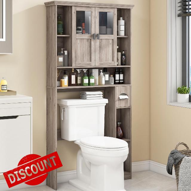 Vabches Over The Toilet Storage Cabinet Bathroom Shelf Over Toilet with Double Doors and Adjustable Shelves