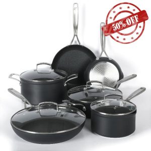 Babish 10 Piece Hard Anodized Laser Titanium Forever Non Stick Technology Durable Pots and Pans Cookware Set - Black