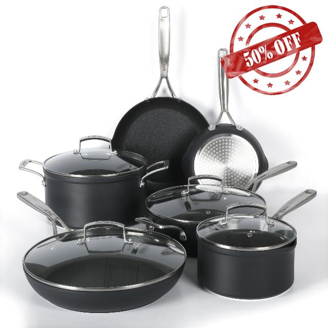 Babish 10 Piece Hard Anodized Laser Titanium Forever Non Stick Technology Durable Pots and Pans Cookware Set - Black