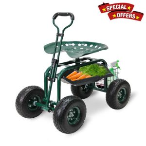 BESTHLS Garden Cart with Seat on Wheels Rolling Gardening Stool with Wheels Heavy Duty for Planting with 360 Degree Swivel Seat Steering Handle & Utility Tool Tray