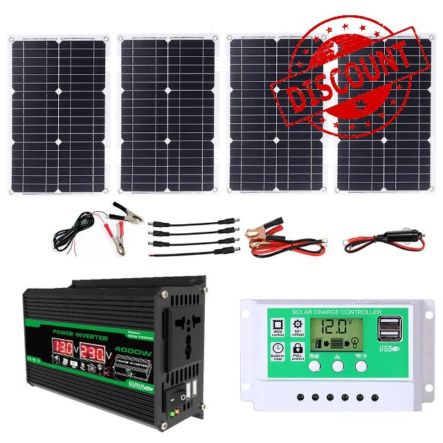 Complete Solar Inverter Kit 4000W Rv Solar Panel Kit Includes 50A Controller And100W Solar Panel Suitable for Home and Outdoor Power Generation(Black