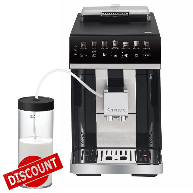 Koolatron Kenmore Fully Automatic Espresso Coffee Maker Machine Milk Frother & Grinder Dual Cream System Full Color Touchscreen One-Touch Cappuccino Latte Macchiato15 Bar Super Automatic Black