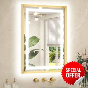 TETOTE 22 x 30 Bathroom LED Mirror Brushed Gold Metal Frame Frontlit & Backlit Vanity Mirror Anti-Fog Stepless Dimmable 3 Colors White/Warm/Natural Mirror with Lights Wall-Mounted