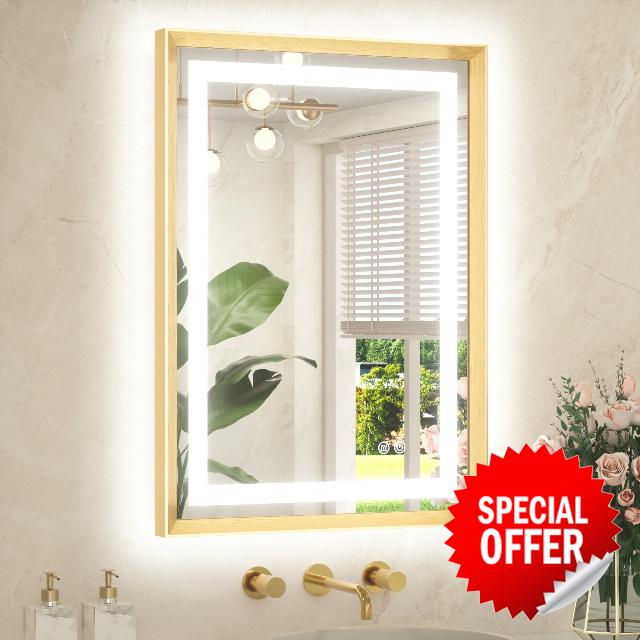 TETOTE 22 x 30 Bathroom LED Mirror Brushed Gold Metal Frame Frontlit & Backlit Vanity Mirror Anti-Fog Stepless Dimmable 3 Colors White/Warm/Natural Mirror with Lights Wall-Mounted