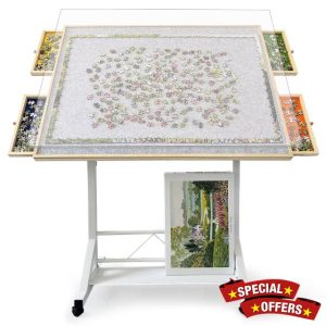 1500 Piece Jigsaw Puzzle Table with Legs，Adjustable Wooden Rotating Puzzle Board with Drawers and Cover，Portable Large Movable Puzzles Tables with Wheels & Storage for Adults