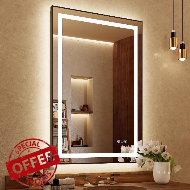 LED Bathroom Mirror with Black Frame: 24"x36" Wall Vanity Mirrors with Lights Front and Backlit