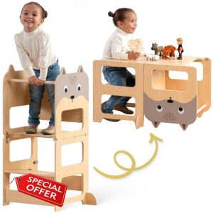 Kids Wooden Learning Tower - Foldable Toddler Tower for Children - Toddlers Standing Tower & Kitchen Helper for Counter - Convertible Toddler Learning Tower w/Step Stool