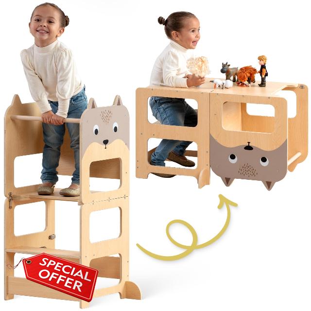 Kids Wooden Learning Tower - Foldable Toddler Tower for Children - Toddlers Standing Tower & Kitchen Helper for Counter - Convertible Toddler Learning Tower w/Step Stool