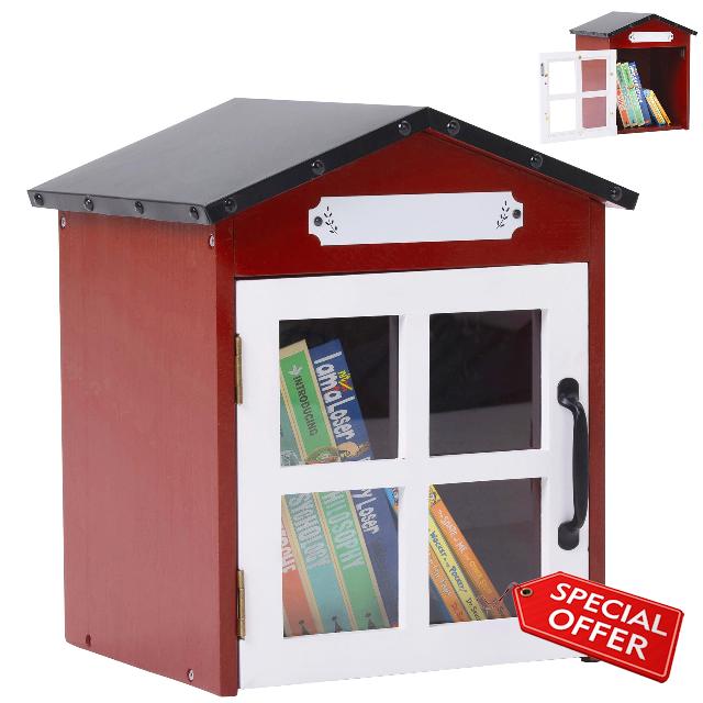 Little Library Box Outdoor: Natural Wood Free Library Box with Reinforced Waterproof Roof DIY Book Sharing Storage Box for Outside Neighborhoods Community Schools (Red Gable Roof)