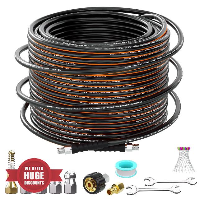 Sewer Jetter Kit for Pressure Washer 200FT 5800PSI Drain Sewer Cleaner with High-Pressure Swivel Push Button 5 Sewer Jetting Nozzles