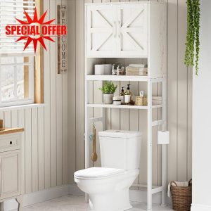 Farmhouse Over The Toilet Storage Cabinet - Freestanding Bathroom Shelves Organizer Toilet Paper Holder Shelf Restroom Tall Rack with Doors