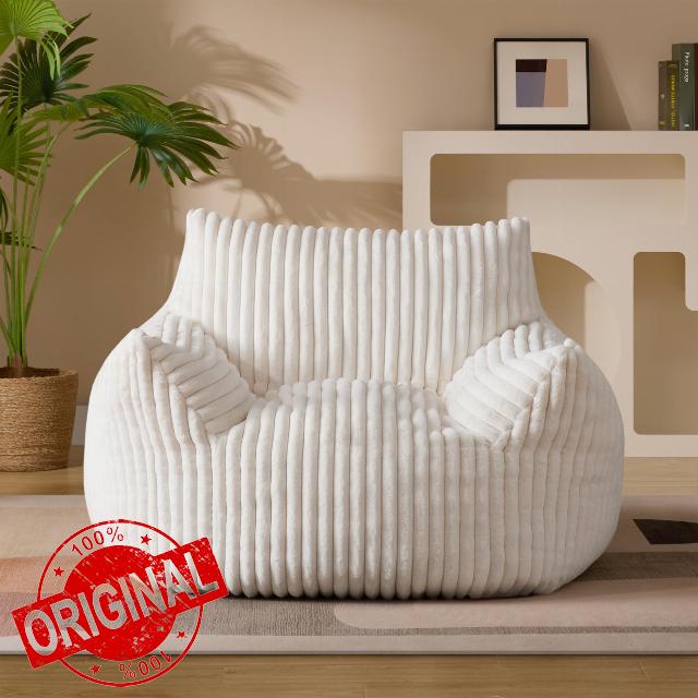 Giant Plush Bean Bag Chair for Adults with Armrests - Oversized Comfy Beige Beanbag Lounge Lazy Floor Sofa Chair for Living Room