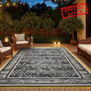 COCOER Outdoor Rug-8x10 Waterproof Patio Rug with LED Strip Lights-Reversible Outdoor Carpet Plastic Straw Outside Rug-Indoor Outdoor Area Rug for RV Porch Balcony