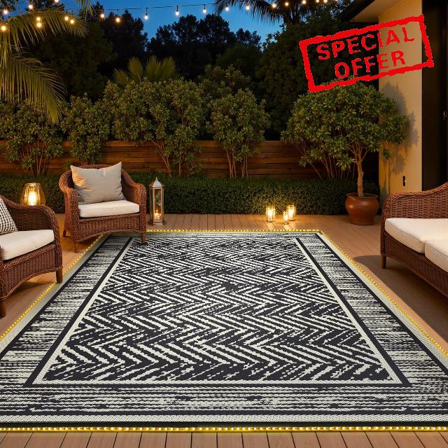 COCOER Outdoor Rug-8x10 Waterproof Patio Rug with LED Strip Lights-Reversible Outdoor Carpet Plastic Straw Outside Rug-Indoor Outdoor Area Rug for RV Porch Balcony