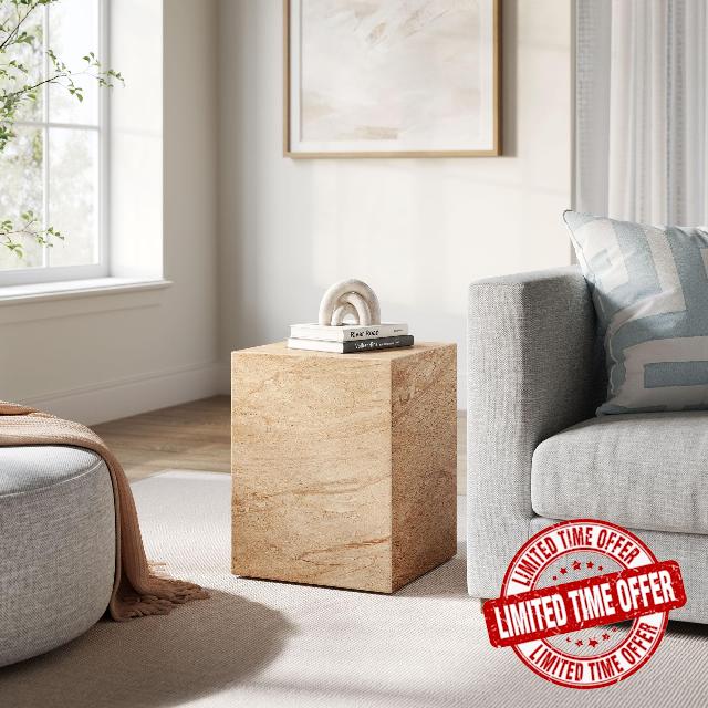 Modway Jordana Indoor Outdoor Concrete Side Table in Travertine – Square Plinth End Table with Faux Stone Finish - Concrete Furniture Accent Table for Patio