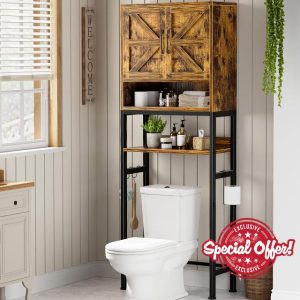 Over The Toilet Storage Cabinet - Freestanding Bathroom Shelves Organizer Toilet Paper Holder Shelf Farmhouse Restroom Tall Rack with Doors