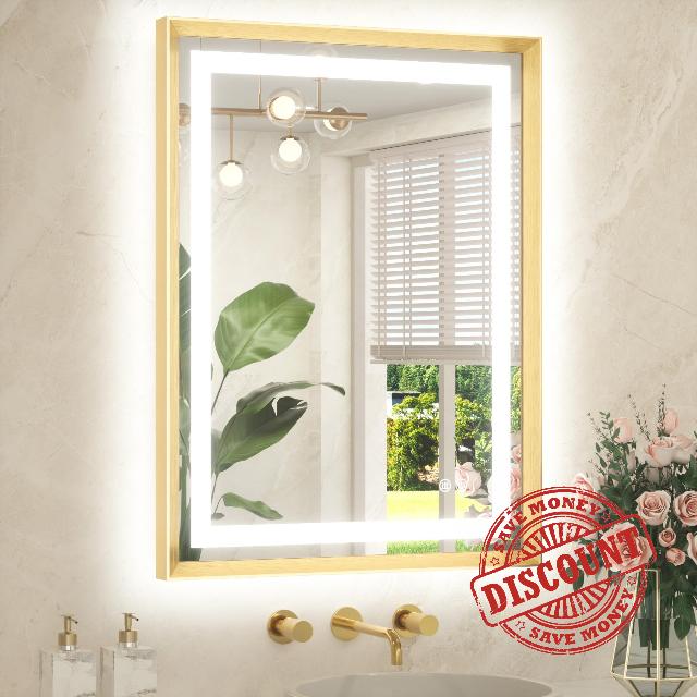 TETOTE 24 x 32 Bathroom LED Mirror Brushed Gold Metal Frame Frontlit & Backlit Vanity Mirror Anti-Fog Stepless Dimmable 3 Colors White/Warm/Natural Mirror with Lights Wall-Mounted