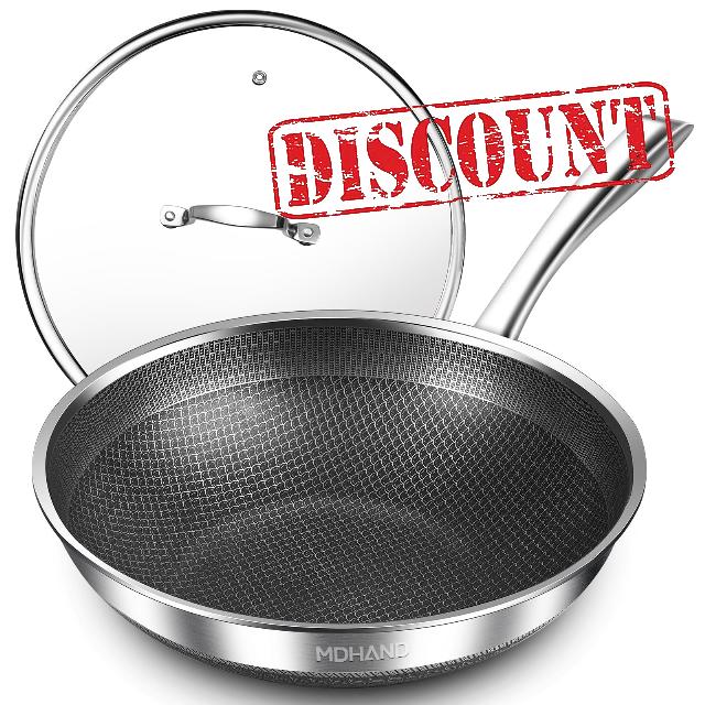 MDHAND 12-Inch Stainless Steel Nonstick Wok with Tempered Glass Lid – Durable Stir-Fry Pan with Stay-Cool Handle
