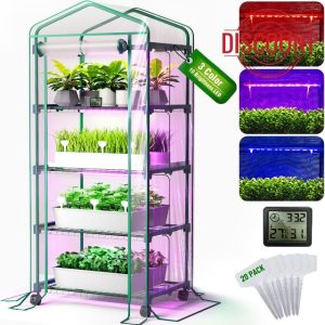 PYY Mini Indoor Greenhouse with Grow Light - Small Portable Outdoor Plant Green House Cabinet with Wheels