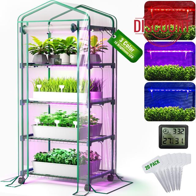 PYY Mini Indoor Greenhouse with Grow Light - Small Portable Outdoor Plant Green House Cabinet with Wheels