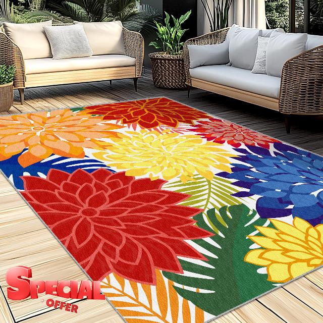 Outdoor Rug 8'x10' Patio Washable Indoor Multicolor Rugs Tropical Botanical Modern Floral Carpet Waterproof Non-Slip for Patio