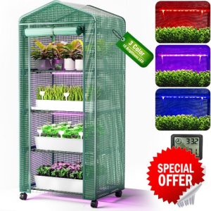 PYY Mini Indoor Greenhouse with Grow Light - Small Portable Outdoor Plant Green House Cabinet with Wheels
