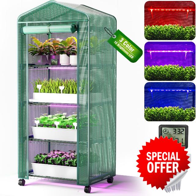 PYY Mini Indoor Greenhouse with Grow Light - Small Portable Outdoor Plant Green House Cabinet with Wheels