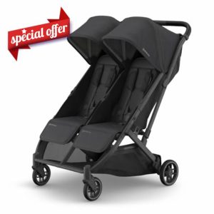 UPPAbaby Minu Duo Side-by-Side Double Stroller - Lightweight + Compact Design for Travel - Easy Fold- from Birth to Toddler - Independent Recline - Jake (Charcoal/Carbon Frame/Black Leather)