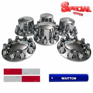 Chrome Front and Rear Axle Complete Wheel Hub Covers Kit with 32/33 mm Thread-On Lug Nut Covers for Semi Trucks or Trailer (Installation Tool Included)