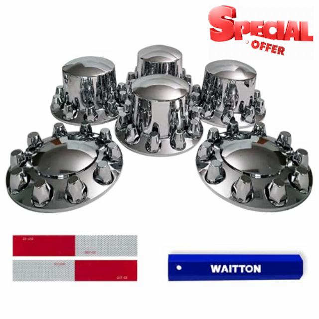 Chrome Front and Rear Axle Complete Wheel Hub Covers Kit with 32/33 mm Thread-On Lug Nut Covers for Semi Trucks or Trailer (Installation Tool Included)