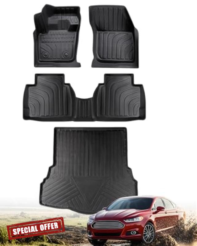 for 2016-2013 Ford Fusion Floor Mats Cargo Liner S SE Titanium Rubber Trunk Carpet All Season Weather Protection Waterproof Anti-Slip Tech Automotive 2015 2014 Car Accessories Black Not for Hybrid