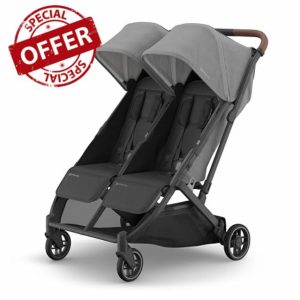 UPPAbaby Minu Duo Side-by-Side Double Stroller - Lightweight + Compact Design for Travel - Easy Fold- From Birth to Toddler - Independent Recline -Greyson(Charcoal Mélange/Carbon Frame/Saddle Leather)