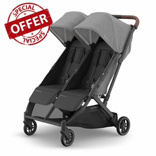 UPPAbaby Minu Duo Side-by-Side Double Stroller - Lightweight + Compact Design for Travel - Easy Fold- From Birth to Toddler - Independent Recline -Greyson(Charcoal Mélange/Carbon Frame/Saddle Leather)