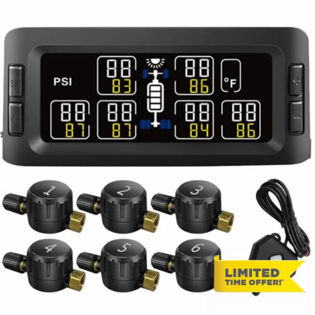 B-Qtech Trailer RV TPMS Solar Tire Pressure Monitoring System with 6 Flow Thru Sensors & Signal Repeater