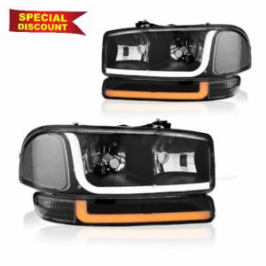 LED DRL Headlight Headlights Assembly Kit Compatible with 1999-2007 GMC Sierra/1999-2006 Yukon Replacement Headlamp Black Housing Clear Reflector