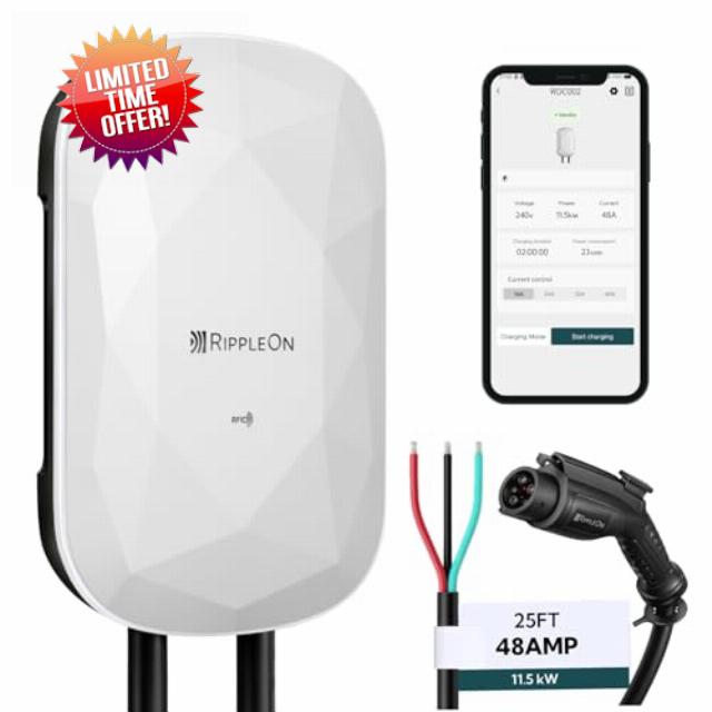 RIPPLEON Level 2 EV Charger 48 Amp J1772 Hardwired 240V Home Electric Car Charger Smart WiFi Enabled Electric Vehicle Charging Station ETL FCC Certified with 25ft Cable White
