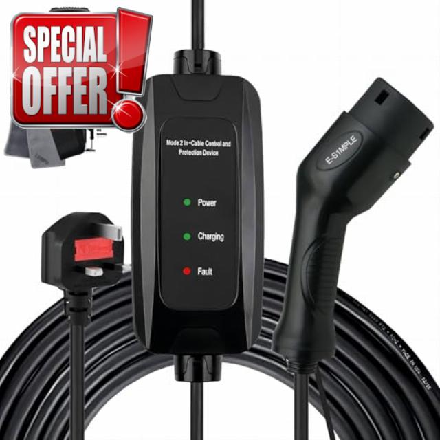 E-S1mple EV Charger Cable Type 2 To 3 Pin Plug 10m Ev Charger Type 2 Uk 3 Pin Plug With Control Lights Electric Vehicle Charger Type 2 To 3 Pin Charging Cable 10m With Cable Bag