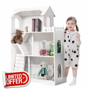 Large White Wooden Toy Dollhouse Bookshelf for Girls